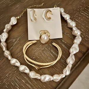 Elegant Gold Tone and White Faux Pearl Jewelry Set of 4 pcs